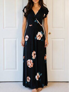 loveappella lauryn knit maxi dress Loveappella Lauryn Stretch Knit Maxi Dress Size Large Floral Print Pull-on  Style